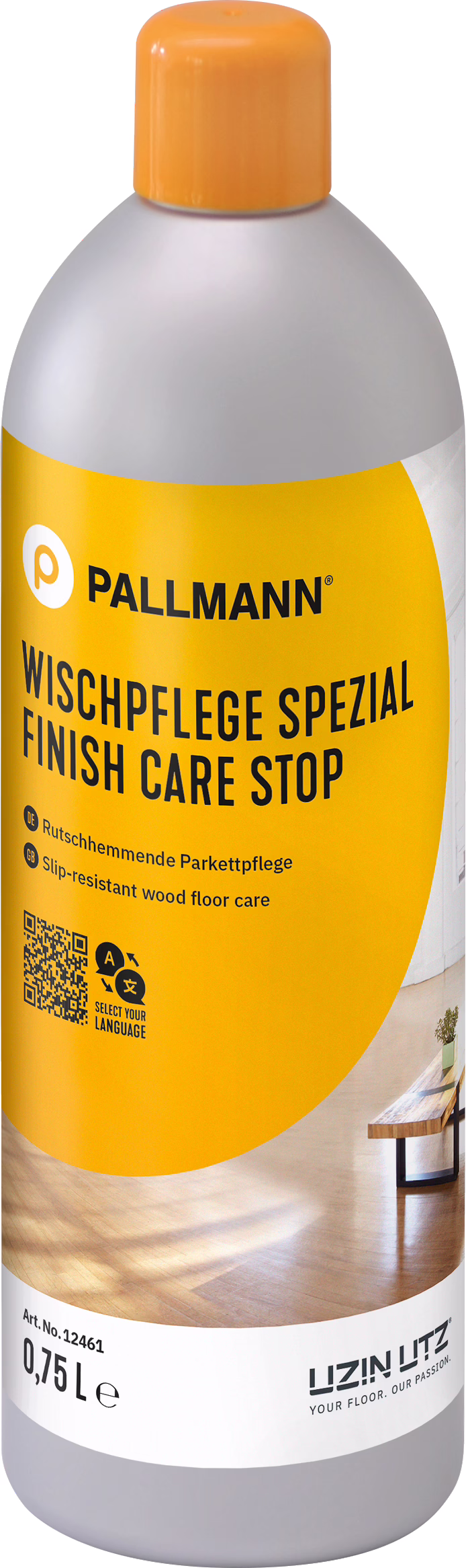 PALLMANN_dummy_FINISH-CARE-STOP_0,75l_msl_2023-05 A tall plastic bottle of Pallmann 'Finish Care Stop', a slip-resistant wood floor care product in a grey and bright yellow bottle with an orange cap, 0.75 L, showing the brand logo and product label.