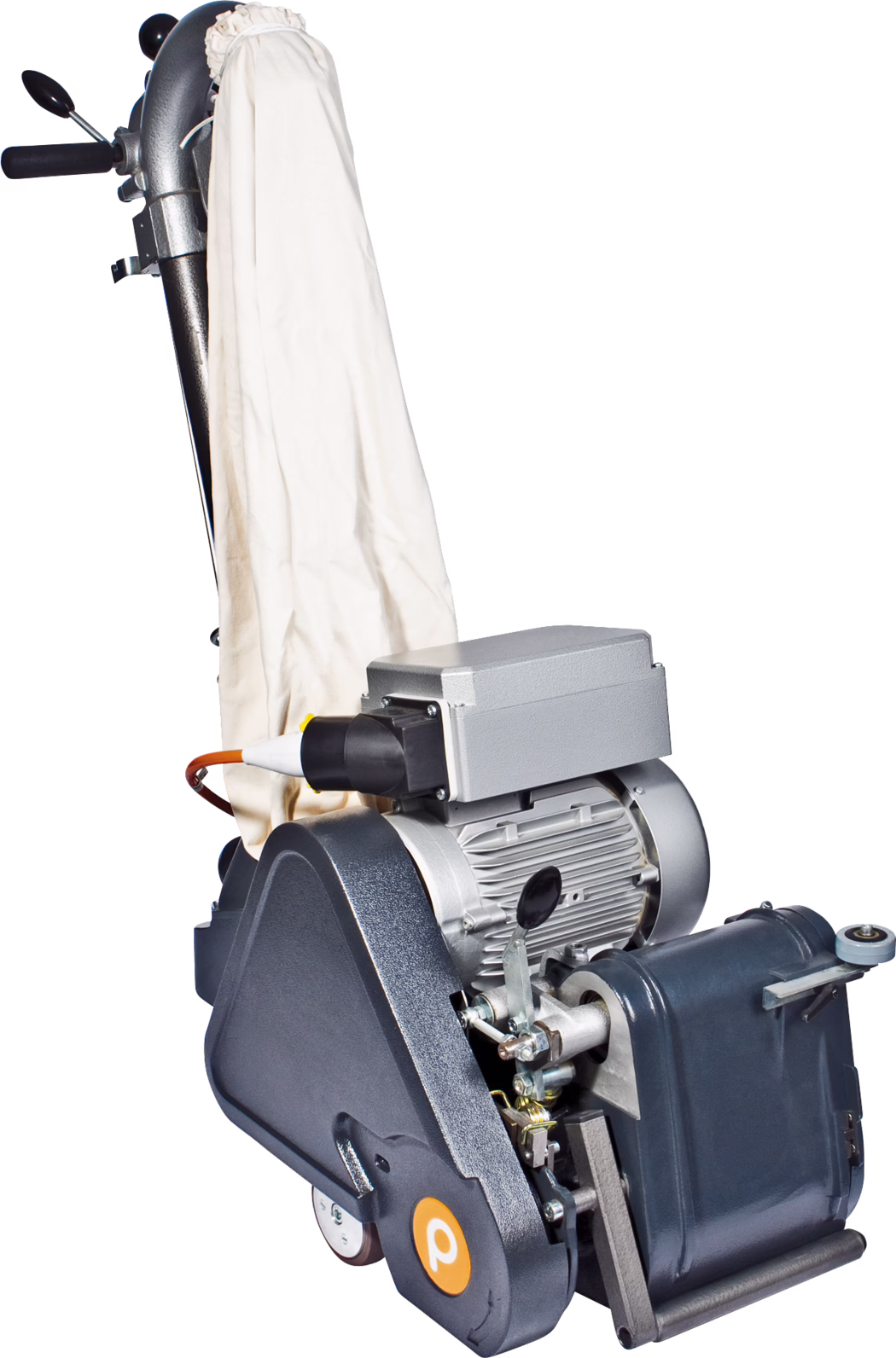 A close-up of a professional floor sanding machine isolated on a white background, showing the motor housing, metal frame, abrasive roller housing, control handles, attached beige cloth dust collection bag and an electrical cable.