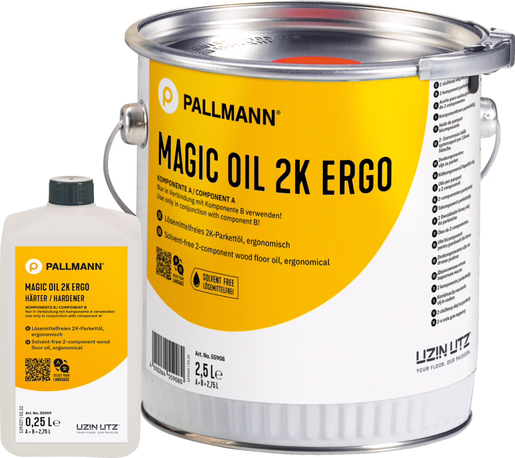 Close-up photo of two containers of Pallmann Magic Oil 2K Ergo wood floor oil: a large metal 2.5 L can with a bright yellow label, metal handle and sealed lid with a clamp, and a smaller white plastic bottle with a black cap labeled 'Hardener / Component B'. The label shows the brand 'PALLMANN', product name 'MAGIC OIL 2K ERGO', references to 'solvent-free' and '2-component', a QR code and a barcode. Clean white studio background, product centered.