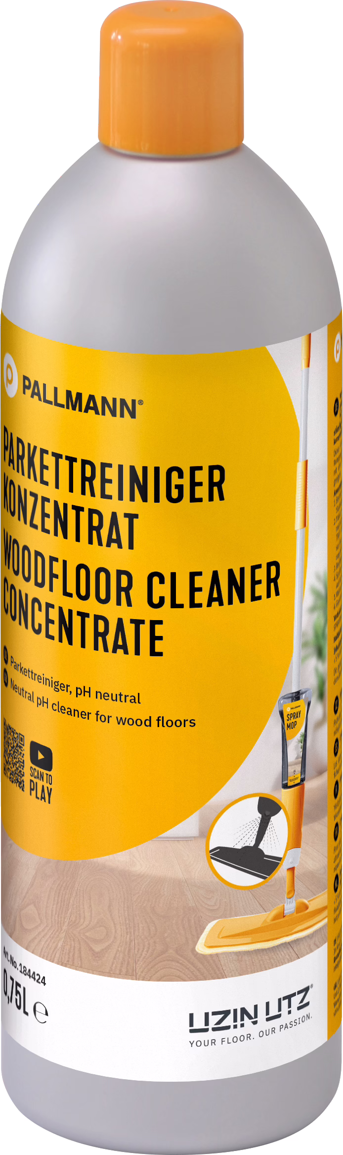 PALLMANN_Dummy_Parkettreiniger-Konzentrat_0,75l_msl_2025_03 A tall plastic bottle with a bright orange-yellow label containing a wood floor cleaner concentrate. The prominent brand name 'PALLMANN' appears near the top; large black text reads 'PARKETTREINIGER KONZENTRAT / WOODFLOOR CLEANER CONCENTRATE'. The label includes an illustration of a spray mop and an icon indicating a pH-neutral formula. A QR code and small usage pictograms are visible, and the capacity marking '0,75 L' appears at the bottom. The bottle has an orange screw cap, a smooth grey shoulder and a modern, clean packaging design that emphasizes concentrated, pH-neutral cleaning for wooden floors to be diluted before use.