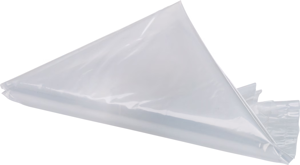 PALLMANN_dummy_insert bag_msl_2017-02 Clear disposable piping bag made of thin transparent plastic, photographed folded into a triangular shape. Smooth glossy surface with light reflections, no visible branding. Intended for single-use pastry tasks such as icing or frosting cakes, piping cream, or decorating desserts; tapered end for attaching piping tips. Shown on a white background.