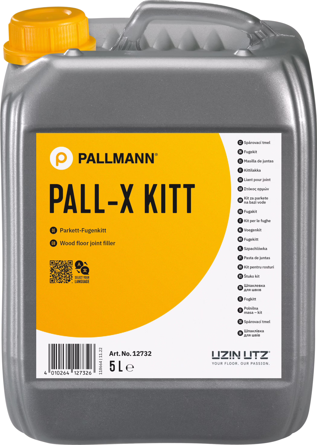 PALLMANN_dummy_Pall-X-Kitt_5l_msl_2021-12 Gray 5-liter plastic canister with a yellow screw cap, intended for wood floor joint filler. The front shows a large orange-and-white label with the brand name PALLMANN and the product name PALL-X KITT in bold black letters. The label lists Parkett-Fugenkitt and Wood floor joint filler, includes a barcode, a QR code, article number Art. No. 12732 and the capacity 5 L, and displays the UZIN UTZ logo. The canister has an integrated top handle and a textured gray surface.