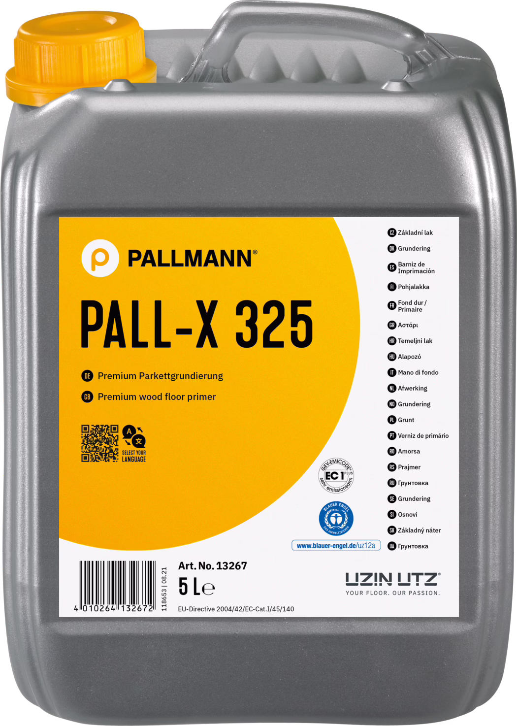 PALLMANN_dummy_Pall-X-325_5l_msl_2021-12 Container of PALL-X 325 wood floor primer by PALLMANN, indicating premium quality for parquet flooring. Features a gray body and a prominent yellow label, containing multilingual information about the product. The container is marked with an article number, barcode, and various symbols pertaining to safety and environmental standards.