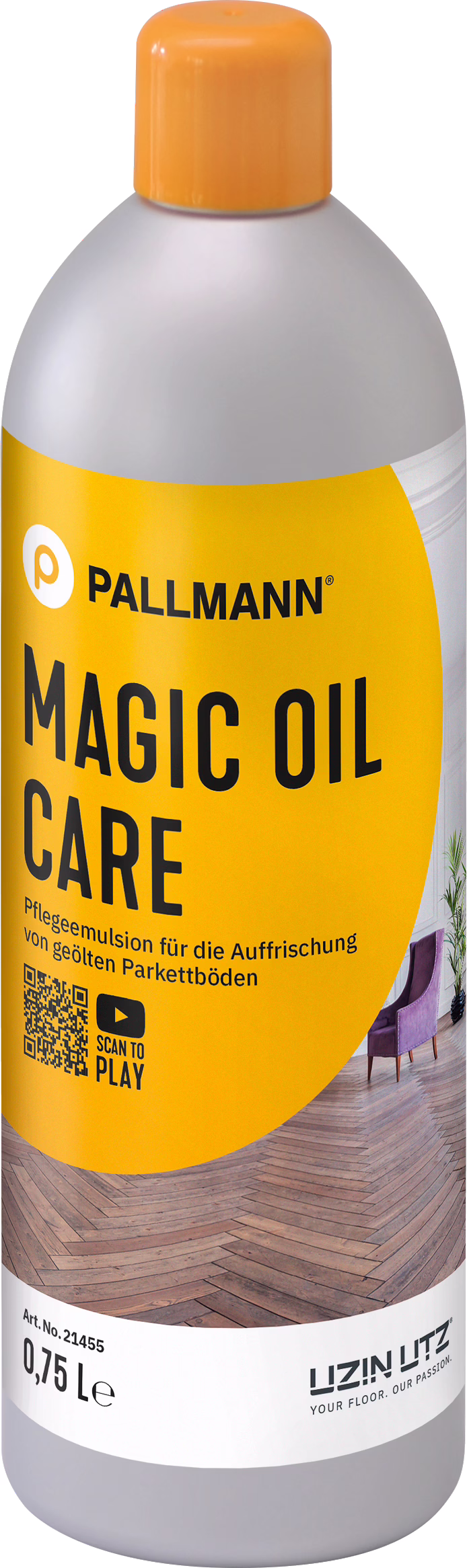 PALLMANN_dummy_MAGIC-OIL-CARE_0,75l_msl_2021-12 A bottle of Pallmann Magic Oil Care, a maintenance emulsion for refreshing oiled parquet floors, featuring a yellow label with product information and a QR code.