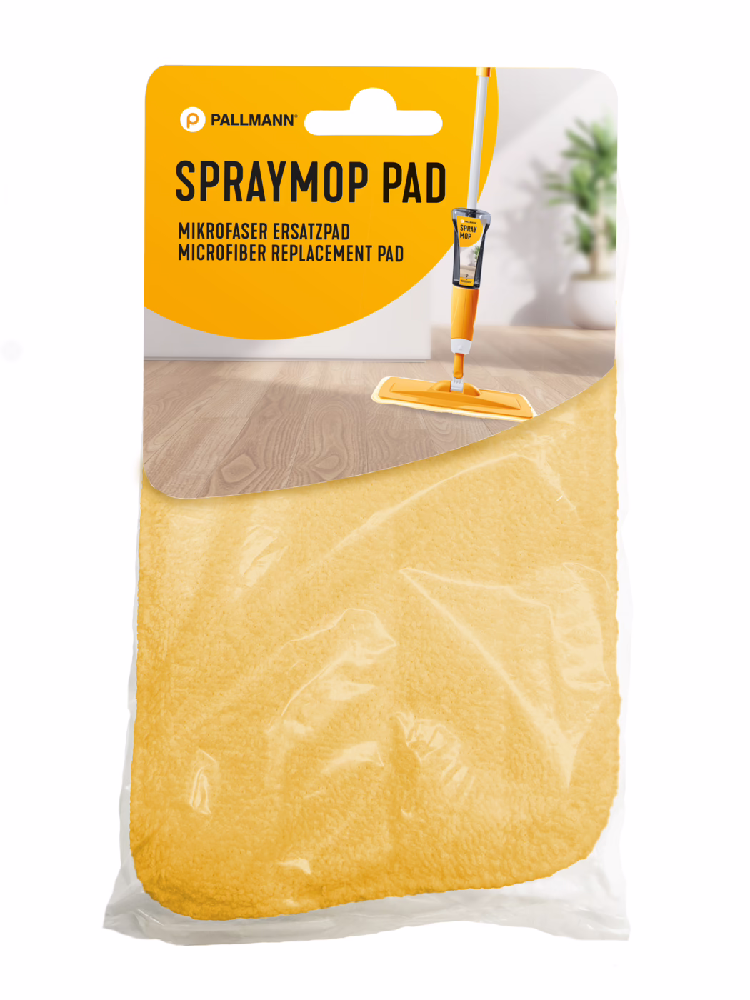 PALLMANN_Dummy_Spraymop Ersatz Pad_msl_2025_04 Retail-packaged yellow microfiber replacement pad for a Pallmann spray mop. The orange-and-white header displays 'SPRAYMOP PAD' and an image of an orange spray mop on a wooden floor; the yellow microfiber pad is visible through clear plastic packaging. Bright, clean indoor scene with a blurred potted plant in the background.