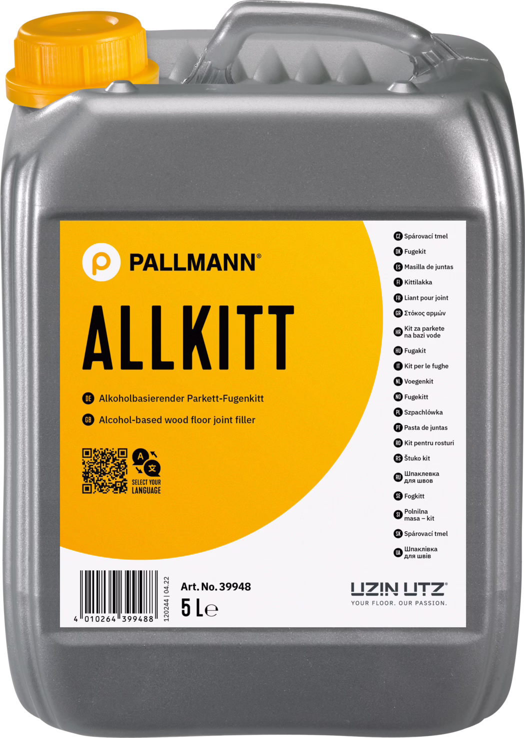 PALLMANN_dummy_Allkitt_5l_msl_2022-08 A metallic grey 5-litre plastic canister with a bright orange label reading 'ALLKITT' and the Pallmann logo. The container features a yellow screw cap at the top left, an integrated top handle and embossed ribs on the shoulder. The label displays multilingual product information, a QR code and barcode, the article number 'Art. No. 39948' and the volume '5 L'. The product is described as an alcohol-based wood floor joint filler. The right side of the label lists translations in many languages and the lower right shows the UZIN UTZ logo. The canister surface has a slightly textured metallic finish and rounded corners.