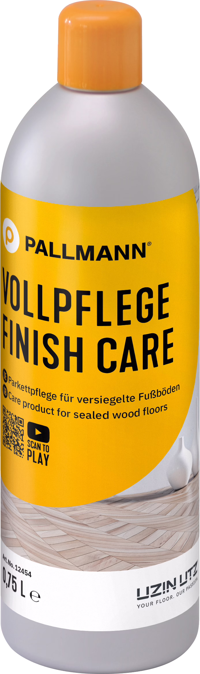PALLMANN_dummy_FINISH-CARE_0,75l_DE-GB_msl_2023-10 A tall plastic bottle with an orange screw cap and a bright yellow label for PALLMANN 'Vollpflege Finish Care', a care product for sealed wood floors. The label shows the bold black PALLMANN logo at the top and large black text 'VOLLPFLEGE FINISH CARE', a smaller bilingual line 'Parkettpflege für versiegelte Fußböden / Care product for sealed wood floors', a QR code with the prompt 'SCAN TO PLAY' and a small image of light wood parquet. The lower label displays capacity '0,75 L', an article number and the manufacturer logo 'UZIN UTZ'. The bottle body is light gray with a smooth rounded shoulder and a glossy plastic finish.