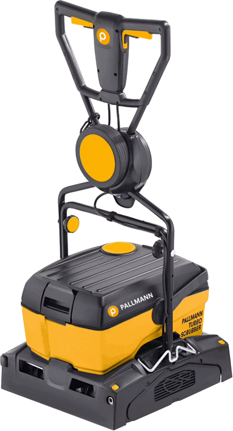 Professional PALLMANN Turbo Scrubber floor-cleaning machine in yellow and dark gray. The upright device features a sturdy handle with integrated controls and a coiled cable reel, a compact rectangular base with scrubber housing and ventilation grilles, visible brand logos on the side, and a robust plastic construction designed for heavy-duty commercial floor scrubbing.