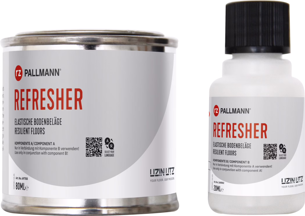 Close-up of two Pallmann 'REFRESHER' floor-care containers: a large metal can and a smaller plastic bottle. Both show a grey label with prominent red 'REFRESHER' text, Pallmann and Uzin Utz logos, a QR code and usage instructions for resilient floors.