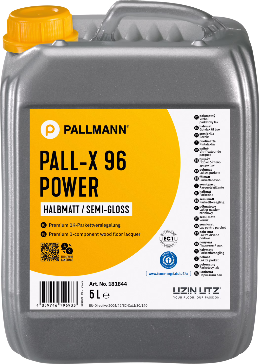 PALLMANN_dummy_Pall-X-96-Power_halbmatt_5l_msl_2026-01 A large grey 5-litre plastic jerrycan of Pallmann PALL-X 96 Power wood floor lacquer. The rectangular container has an integrated handle on top, a bright yellow screw cap and an orange-and-white product label on the front that reads 'PALL-X 96 POWER' and 'HALBMATT / SEMI-GLOSS'. The label shows multilingual instructions and symbols, a barcode, an article number (Art. No. 181844) and the manufacturer logo UZIN UTZ. Studio product photo on a white background clearly showing the container shape, label details and capacity.