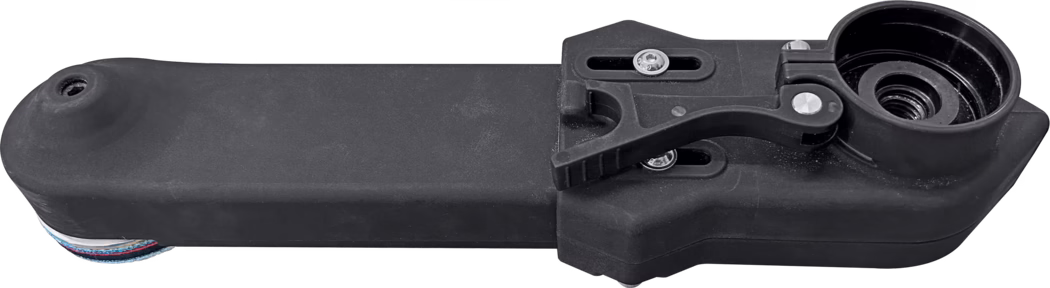 PALLMANN_dummy_corner attachment_msl_2023-08 Close-up of a black plastic mechanical mounting bracket or clamp with an elongated rectangular arm extending to the left. The right side features a circular recessed socket with internal threads, a hinged quick-release lever and two adjustable slotted screw mounts with visible metal screws. The surface is matte black plastic with minor dust and light signs of wear; a small multicolored textile strip or gasket is partially visible at the lower left edge.