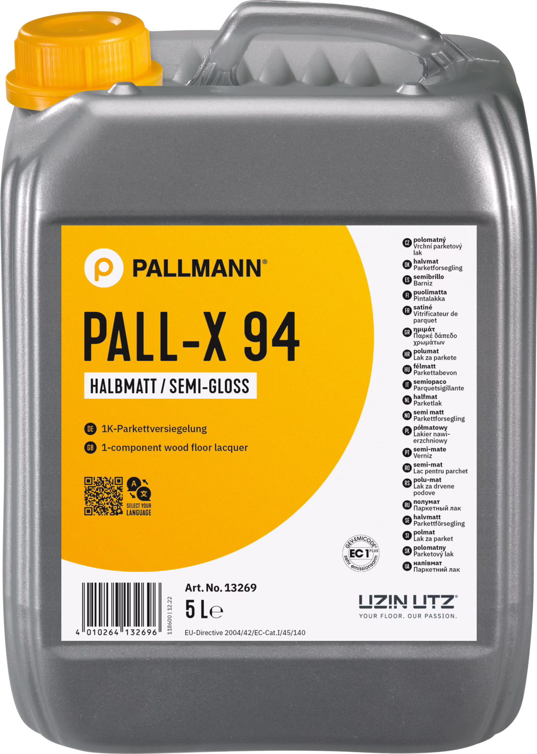PALLMANN_dummy_Pall-X-94_halbmatt_5l_msl_2022-09 Photo of a 5-litre grey plastic jerrycan of PALLMANN PALL-X 94 semi-gloss wood floor lacquer. The bright orange and white front label displays the PALLMANN logo, the product name 'PALL-X 94', the finish designation 'HALBMATT / SEMI-GLOSS', a short description '1K-Parkettversiegelung / 1-component wood floor lacquer', a barcode and the article number Art. No. 13269. The container has an orange screw cap, a molded carry handle and certification icons; the label also includes multilingual product information and the UZIN UTZ brand mark. The image shows the canister in front view on a white background.