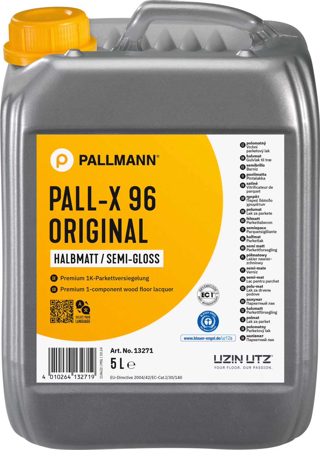 Grey plastic 5-litre canister of Pallmann PALL-X 96 Original semi-gloss wood floor lacquer. The rectangular container features an integrated top handle and a yellow screw cap; a bright orange label shows bold black 'PALL-X 96 ORIGINAL' lettering and a white panel with multilingual product details and certification symbols (including the Blauer Engel label). The label indicates 'Halbmatt / Semi-Gloss', 'Premium 1-component wood floor lacquer', article number 13271, barcode and '5 L'. Intended for protection and finishing of wooden floors; one-component, water-based lacquer suitable for professional and DIY use. The canister's surface and shape show typical manufacturing textures and handling features; intended for application with brush, roller or machine.
