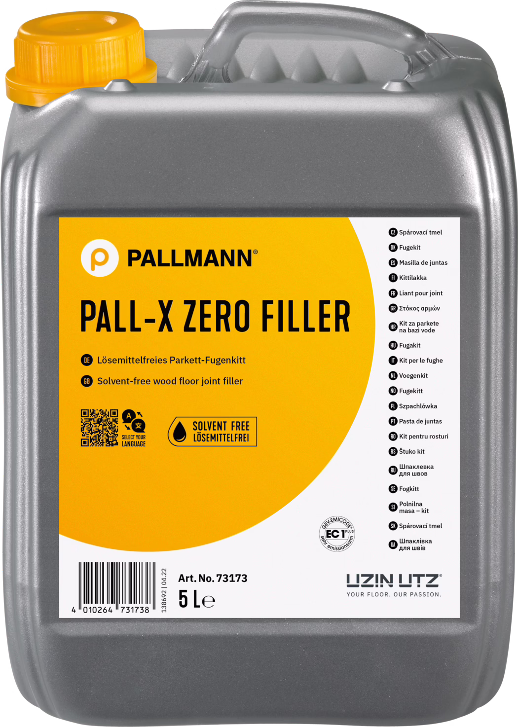 PALLMANN_dummy_Pall-X-Zero-Filler_5l_msl_2021-12 Photograph of a grey plastic 5-liter jerrycan of Pallmann PALL-X ZERO FILLER. The rectangular container has an integrated handle at the top and an orange screw cap. A large orange label on the front shows the Pallmann logo, the product name 'PALL-X ZERO FILLER', a description stating it is a solvent-free wood floor joint filler, a droplet icon with 'solvent free' text, a QR code and a barcode, plus multilingual usage notes and the volume '5 L'. The canister surface is slightly textured and metallic grey.